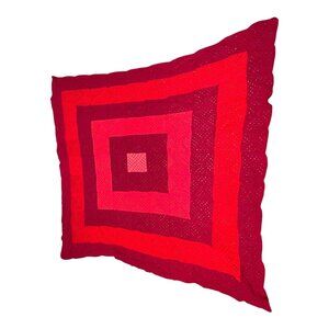 Vintage Handmade Crochet Afghan Blanket Square Pattern Red & Burgundy Geometric